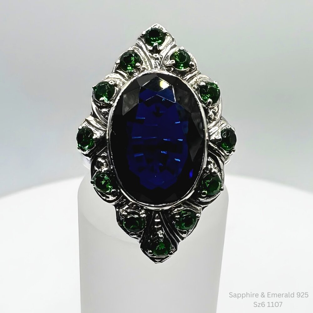 Handmade Sapphire Emerald Halo Ring 925 Silver Size 6 Resizeable Jewelry Making